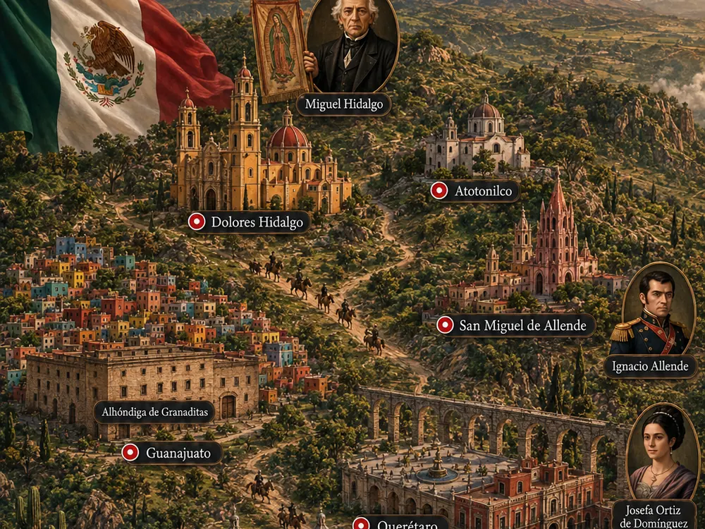 Mapa ilustrado de la ruta de la Independencia de México